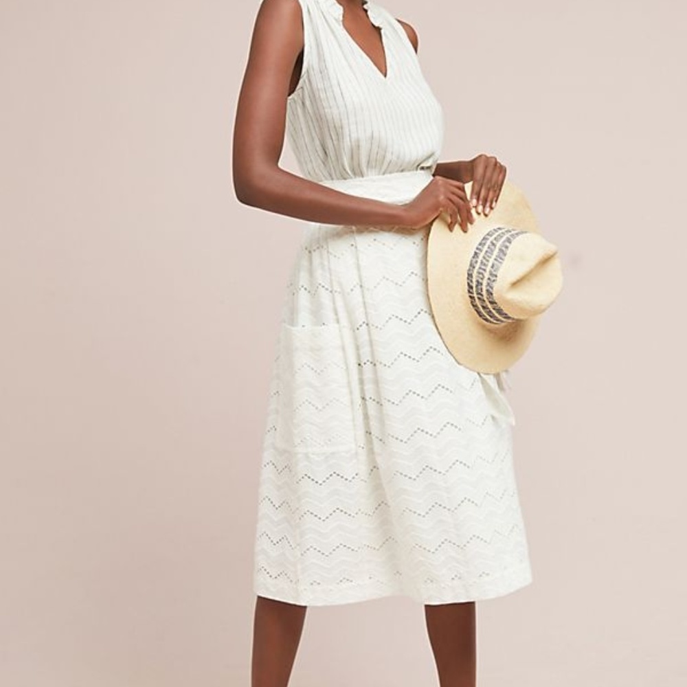 Anthropologie Tracy Reese Belted Waves Lined Eyelet Skirt 4 Coastal White Nights